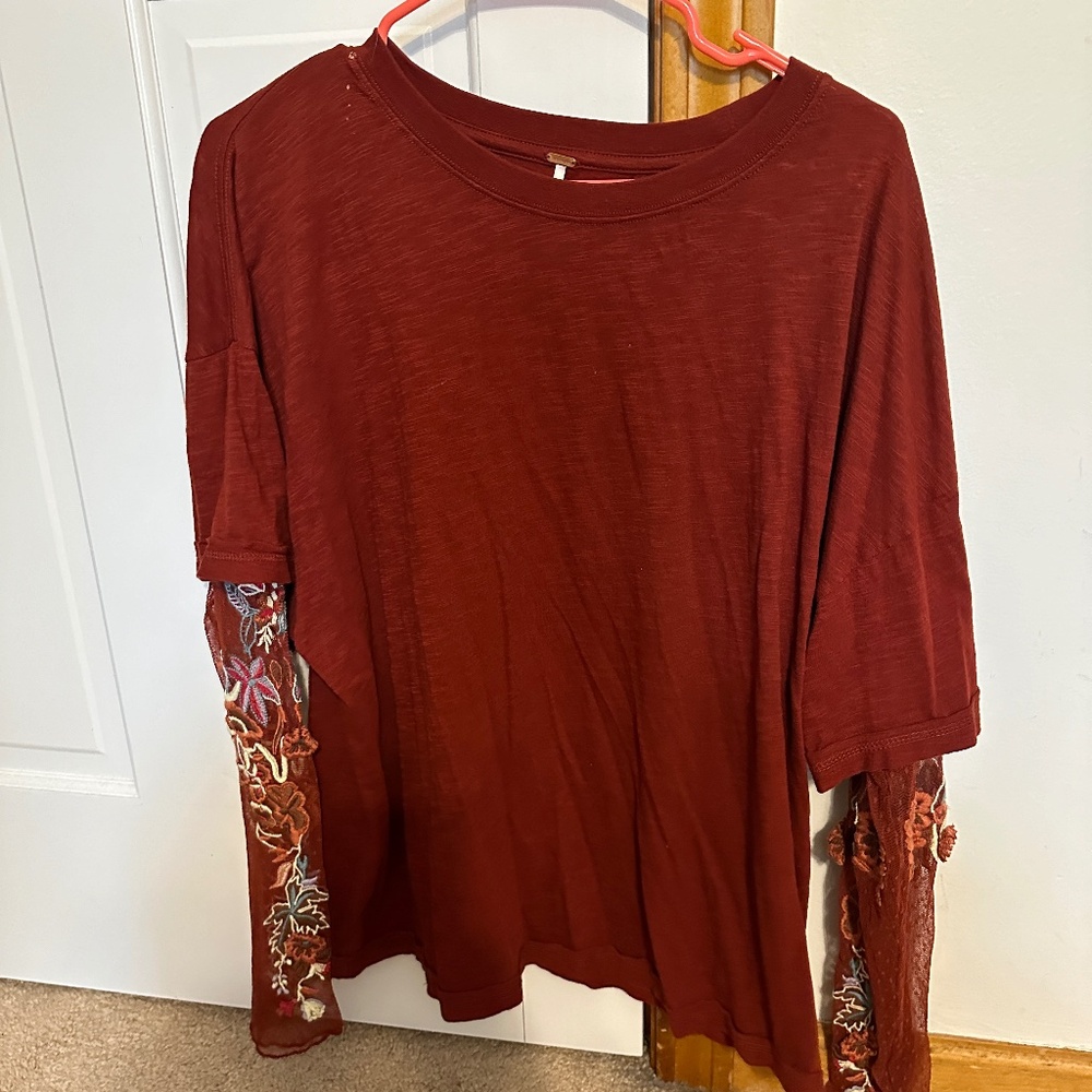 Free People Gardener Tee Embroidered Mesh Lace Sleeve Top